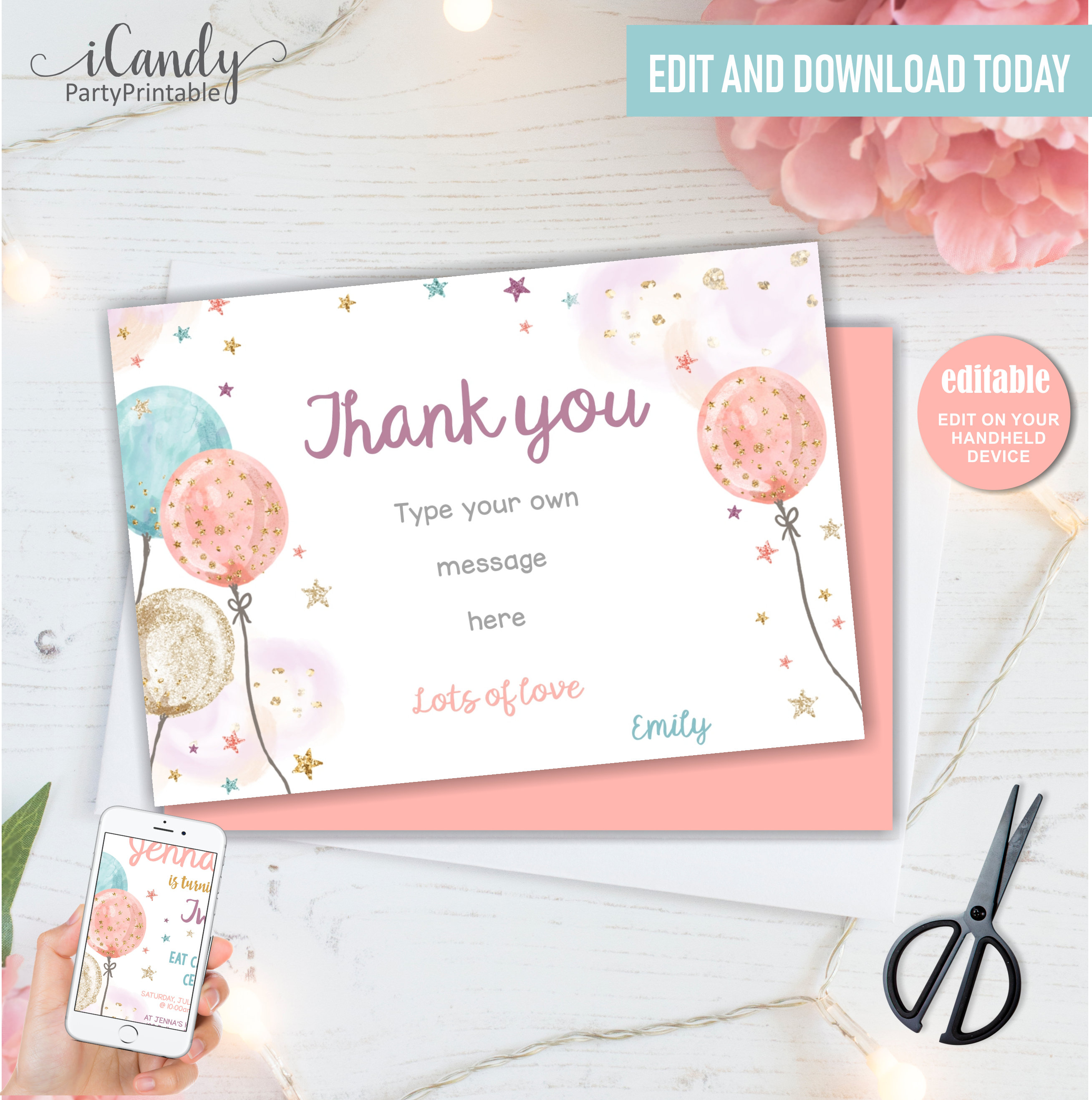 Balloon Birthday Thank you card Thank you card Balloon Party Etsy