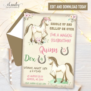 Horse, Unicorn Birthday Invitation, Sibling Birthday Party, Editable, Instant Download,