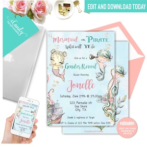 Gender Reveal Invitation, Mermaid or Pirate Invitation, Editable Instant Download image 1