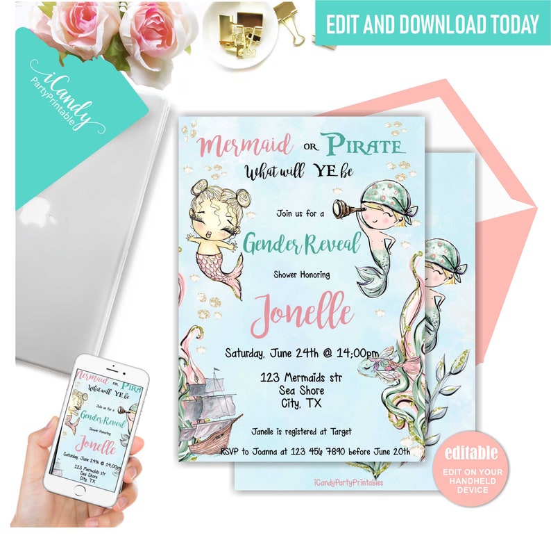 Gender Reveal Invitation, Mermaid or Pirate Invitation, Editable Instant Download image 1