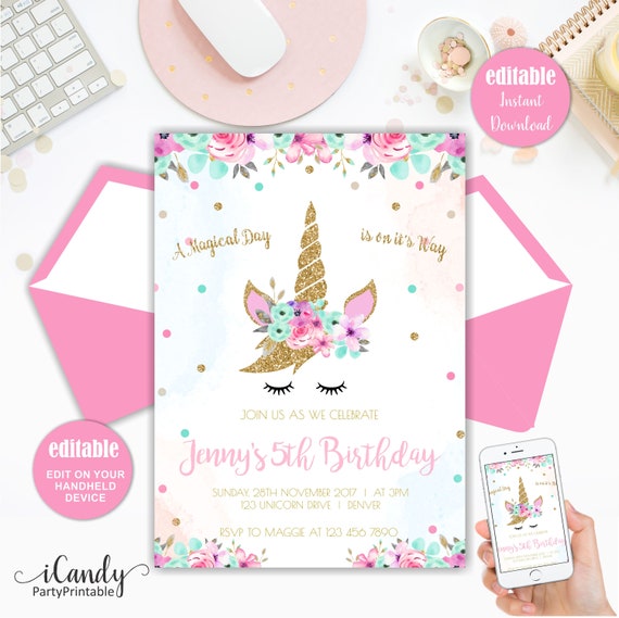 Unicorn Invitation, Unicorn Birthday Invitation, Magical Unicorn Invite, Editable, Instant download Il_570xn