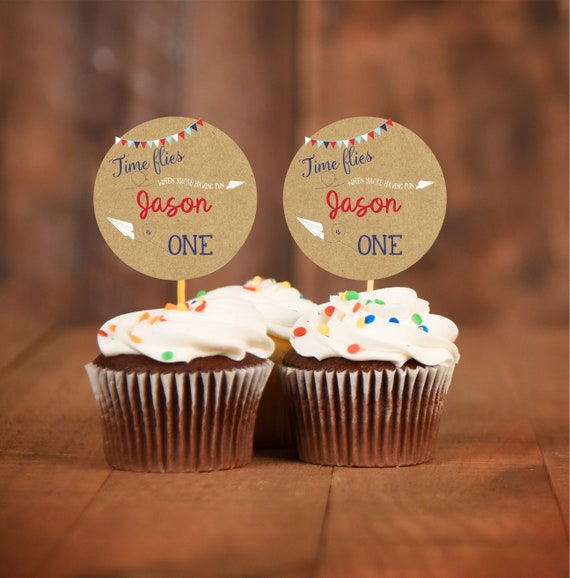 Paper Airplane Cupcake Toppers, Time Flies Cupcake Toppers, Cupcake