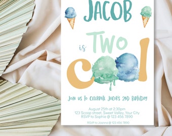 Two Cool Ice Cream Invitation, Ice Cream Birthday Invitation, Boy's 2nd Birthday, Editable Instant Download,