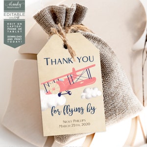 Airplane Thank you Tags for Girl Birthday, Printable Thank You Tags, Vintage Airplane, Instant download