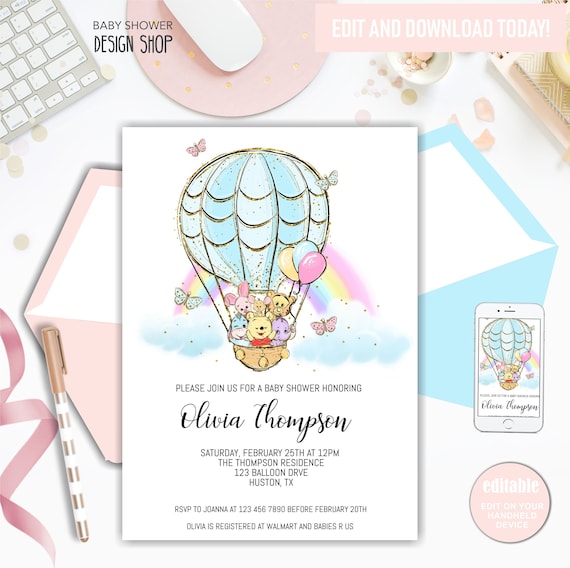 Hot Air Balloon Baby Shower, Baby Shower Invitation, Animal Baby Shower, INSTANT DOWNLOAD Il_570xn