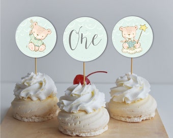 Teddy Bear, Cupcake Toppers, First Birthday Party, Editable by you,