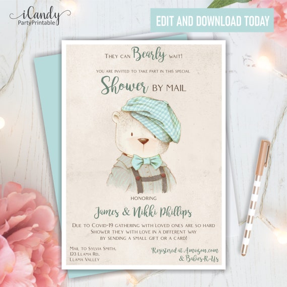 Long Distance, Shower by Mail, Invitation, Boy, Teddy Bear Baby Shower, Editable Instant Download, Il_570xn