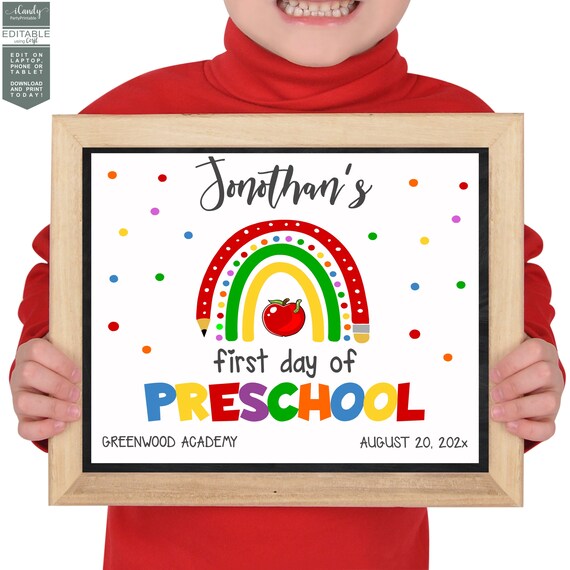 Rainbow First Day of School Sign, Last Day of Preschool Sign, Back to School Print, Editable Sign, Instant Download, Il_570xn