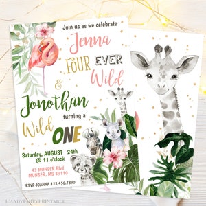 Four Ever Wild Birthday Invitation, Safari Animals, Wild One Safari Party, Instant Download, Editable and Printable image 4
