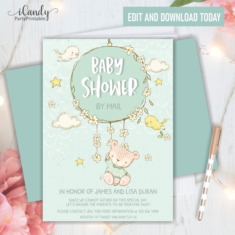 Baby Shower by Mail Invitation Teddy Bear Boy Invitations Etsy