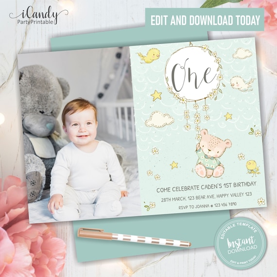 Teddy Bear Picnic Invitation, 1st Birthday Boy, Photo Invitation, Editable by you, Il_570xn