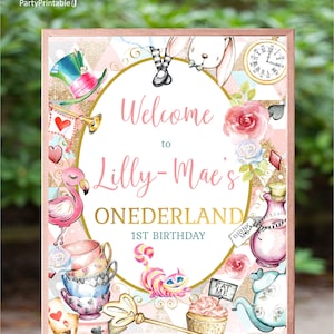 Alice im Wunderland Willkommensschild, Alice in Onederland Geburtstagsschild, Alice Tea Party, bearbeitbarer Sofort Download,