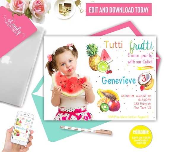 Tutti Frutti Birthday Invitation, Tropical Invitation, Photo Invitation, Printable Invitation, Editable Il_570xn