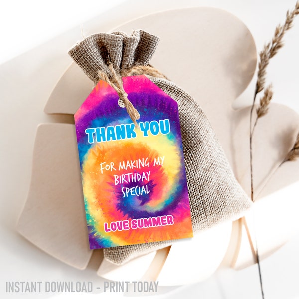 Tie Dye Thank You Tags, Tie Dye Birthday Invitations, Editable Tags, INSTANT DOWNLOAD