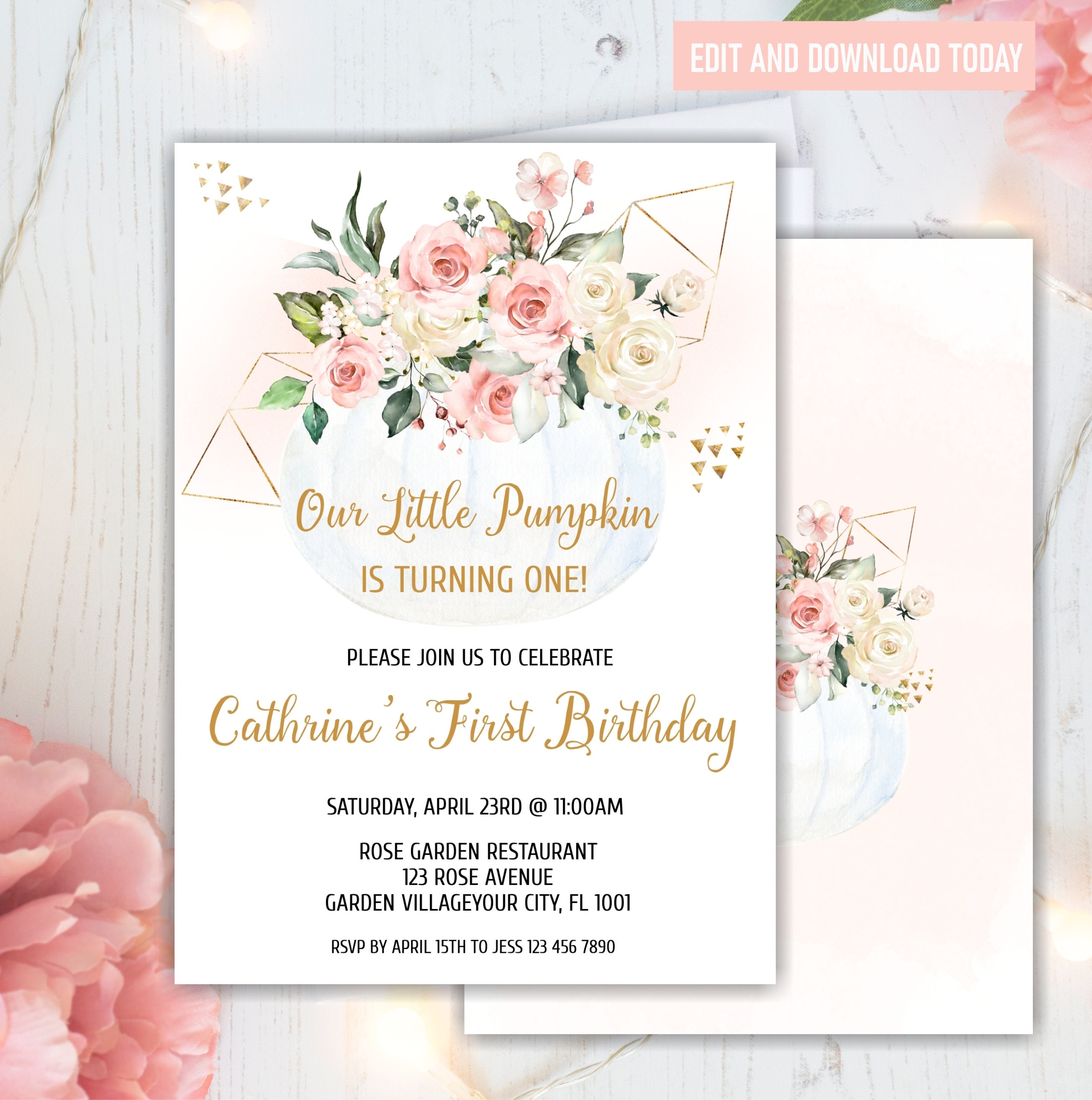 Our Little Pumpkin is Turning One, Pumpkin, Girl First Birthday, Editable,  Instant Download, 