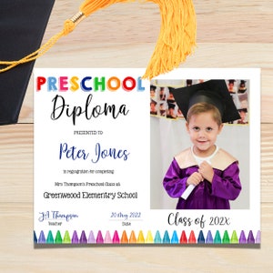 Editable Preschool Diploma with Photo, Preschool Certificate Template, Graduation Diploma 2024, INSTANT DOWNLOAD