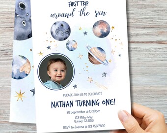 Outer Space 1st Birthday Invitation, First Trip Around the Sun, Photo Invitation, Editable Instant Download,