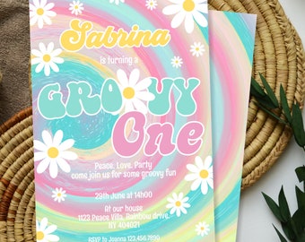 Editable Groovy One 1st Birthday Invitation Tie Dye Hippie Birthday Party Retro Daisy First Birthday Instant Download