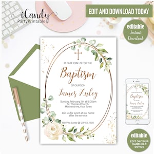 Printable Baptism Invitation Template, Greenery Baptism Template, Printable Baptism Invite Template,Editable image 1