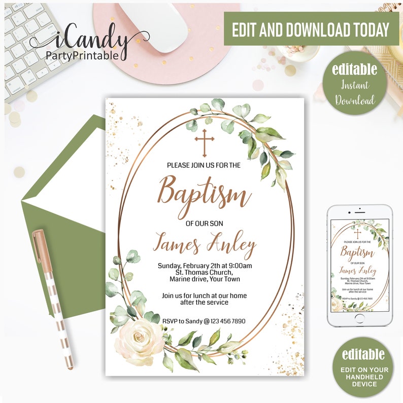 Printable Baptism Invitation Template, Greenery Baptism Template, Printable Baptism Invite Template,Editable image 1