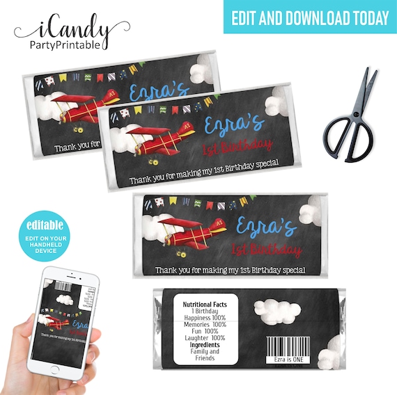 Instant download Airplane Chocolate Bar Wrapper Template Editable Chocolate Wrapper