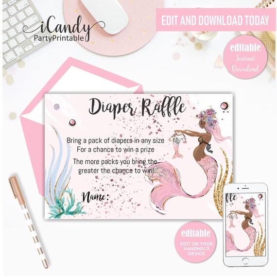 Mermaid Baby Shower Diaper Raffle Cards, Mermaid Baby Shower, Printable Diaper Raffle cards, Editable Il_570xn