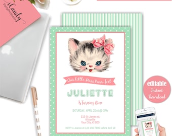 Kitten Birthday Invitation, Pawty Invitation, Purr Fect Kitty Invitation, Pawty Invitation, Editable, Instant Download