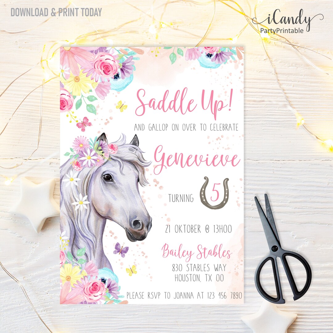 Horse Birthday Invitation, for Girl, Floral Birthday Invitation, Editable Instant Download Etsy