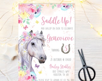 Verjaardagsuitnodiging paard, voor meisje, bloemen verjaardagsuitnodiging, bewerkbare direct download