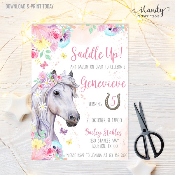 Horse Birthday Invitation, for Girl, Floral Birthday Invitation, Editable Instant Download