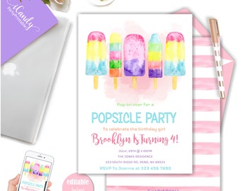 Popsicle Summer Birthday Invitation, Girl Pink Popsicle Party, Popsicle Birthday Invitation Printable, Editable, Instant Download,