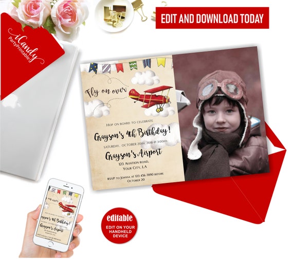 Airplane Invitation, Airplane Birthday Invitation, Airplane Photo Invitation, Instant download, Editable invitation, Il_570xn