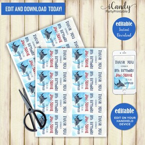 Shark Thank you Tag, Shark Party favor tags, Thank you Tags, Favor Tags, INSTANT DOWNLOAD, Editable image 2