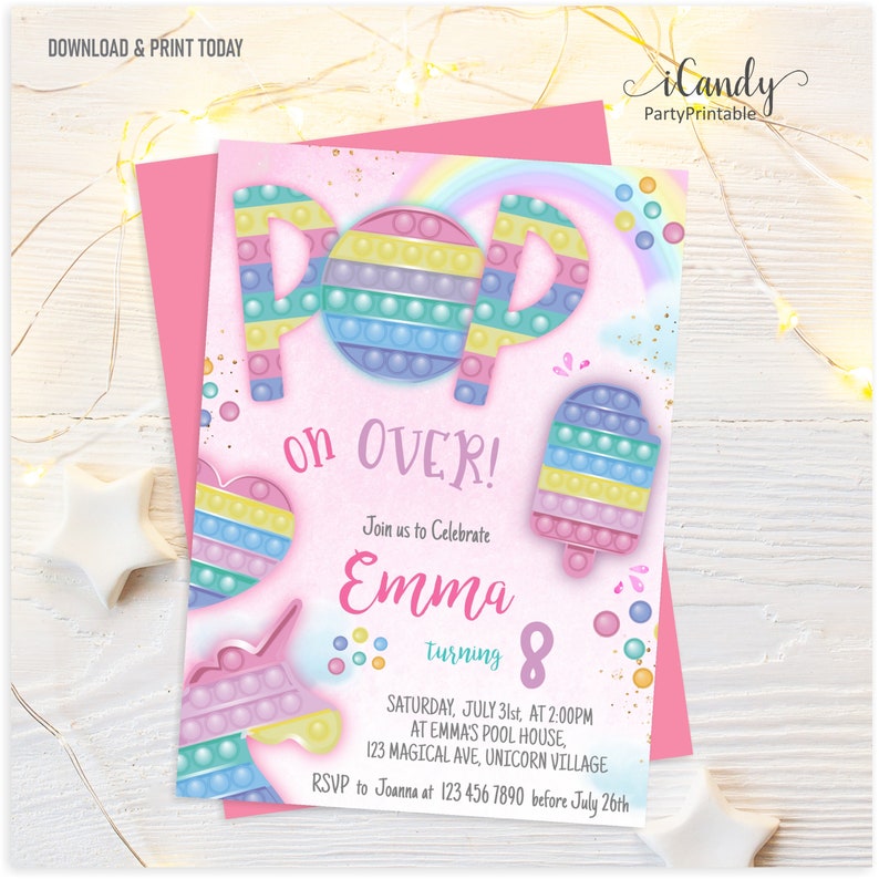 Pop It Birthday Invitation, Rainbow Pop It Fidget Toy, Unicorn Pop It, Pop on Over Birthday, Editable invitation, Instant Download, image 6