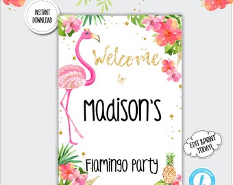 Flamingo Welcome Poster, Flamingo Welcome Sign, Flamingo 11x16 inch Welcome Poster, Flamingo Party Decoration, Editable, instant download