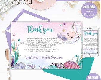 Mermaid Baby Shower Thank you cards, Mermaid Thank you note card, Editable Cards, Instant download