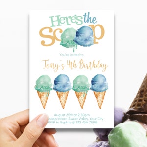 Ice Cream Birthday Invitation, Ice Cream Party for a Boy, Here's the Scoop Invitation, Printable Instant Download,