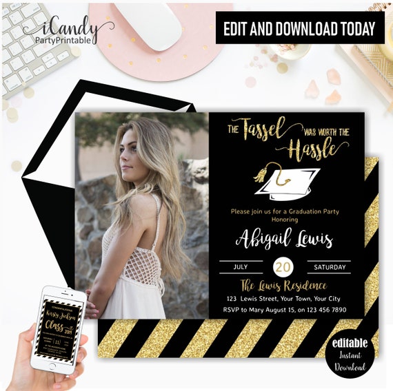Graduation Invitation, Graduation Party Invite with Photo, Instant Download, Editable by you Il_570xn