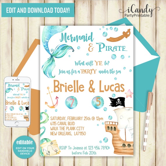 Pirate Mermaid Invitation, Mermaid Pirate Birthday invitation, Mermaid Pirate Party, Pirate invitation, Ahoy Matey, Joint Party, Editable Il_570xn