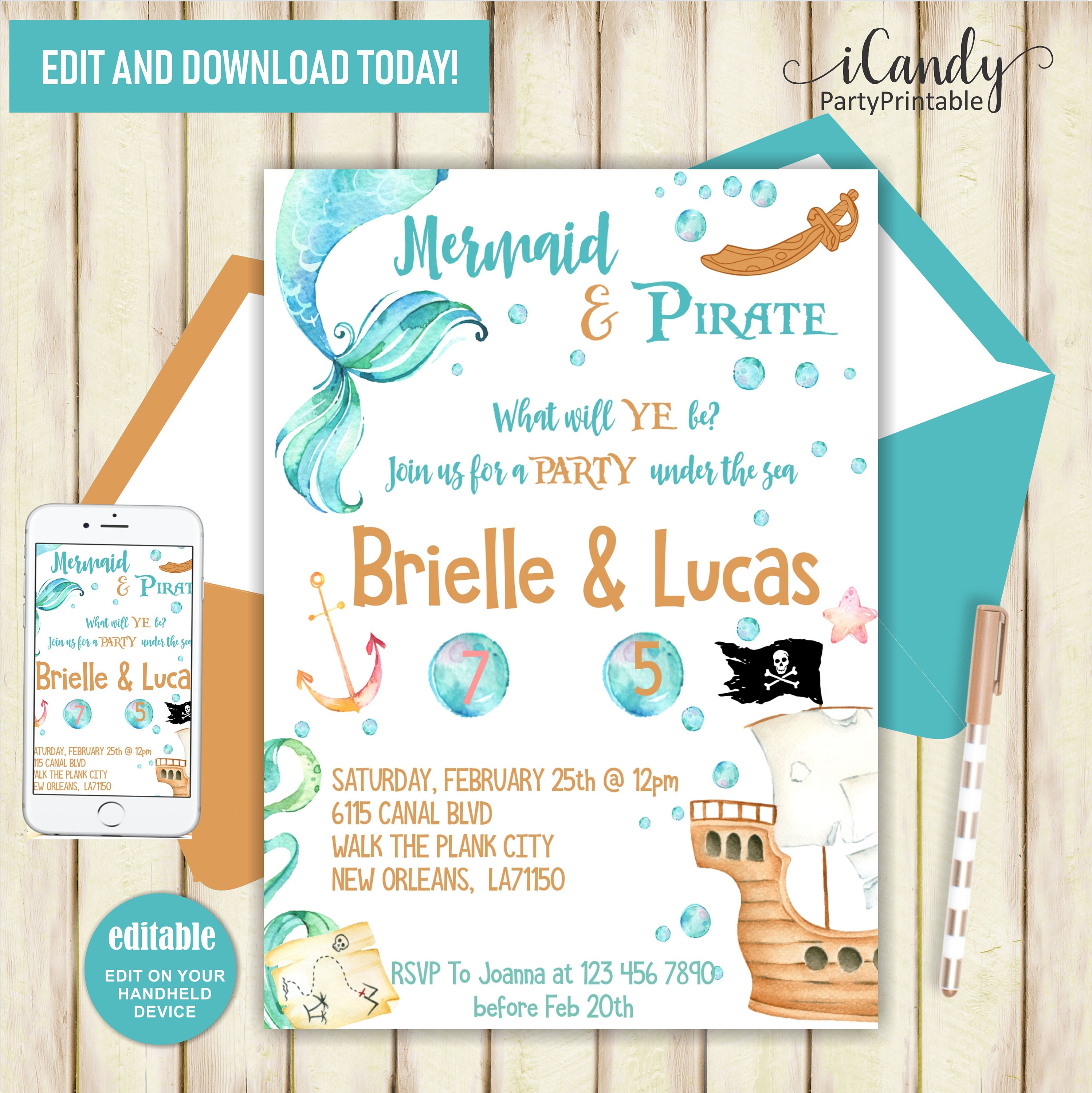 Pirate Mermaid Invitation Mermaid Pirate Birthday Etsy