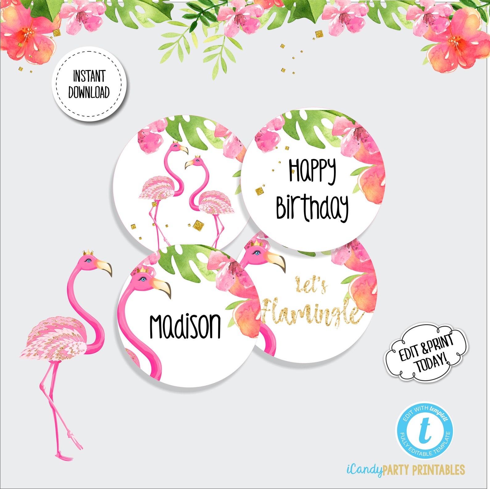 Flamingo Cupcake Toppers for a Girl Editable DIY Birthday | Etsy