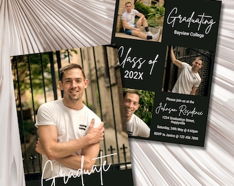 Modern Graduation Photo Invitation, Masculine Invitation with Customizable Photos, Graduation Invitation, Charcoal Senior Invitation,