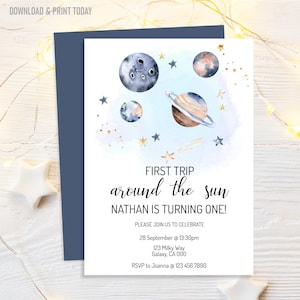 First Trip Around The Sun Birthday Invitation, 1st Birthday Outer Space Party, Editable Invitation, Instant Download, image 1