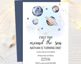 First Trip Around The Sun Birthday Invitation, 1st Birthday Outer Space Party,  Editable Invitation, Instant Download,