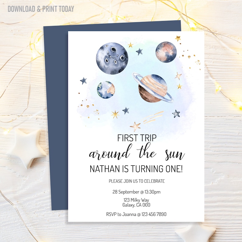 First Trip Around The Sun Birthday Invitation, 1st Birthday Outer Space Party, Editable Invitation, Instant Download, image 1