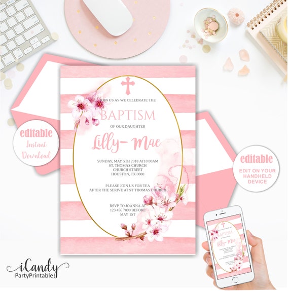 Baptism Invitation for a Girl, Floral Baptism, Editable Instant Download Il_570xn
