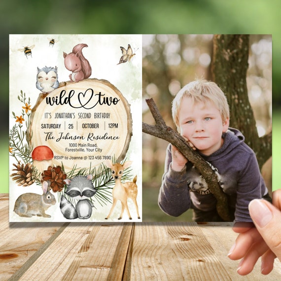Woodland Animal Photo Birthday Invitation, Woodland Animals Second Birthday, Wild Two, Editable Instant Download, Il_570xn