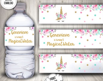 Unicorn Birthday, Unicorn Water bottle label printable, Unicorn Party decor, Unicorn Magical Floral Party, Editable