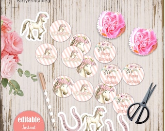 Cupcake Toppers, Horse Party Tags, 2" Circle Toppers, Pony Party, Circle Tags, Horse Birthday, Pony, Instant download,