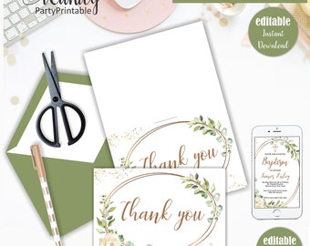 Baptism Thank you card, Printable Thank you card with greenery, Editable